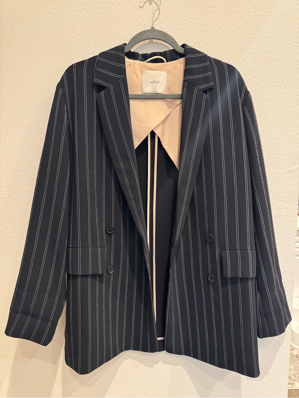 Wilfred by Aritzia Pinstripe Double-Breasted Blazer in Navy